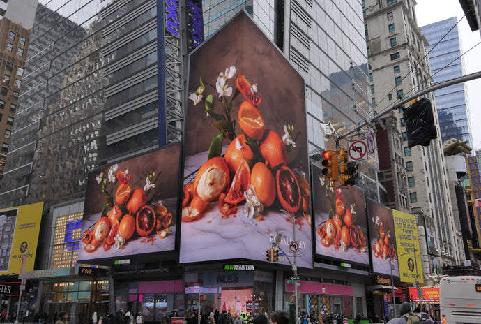 Image of blood oranges on times square NY, by Rosalia Ley